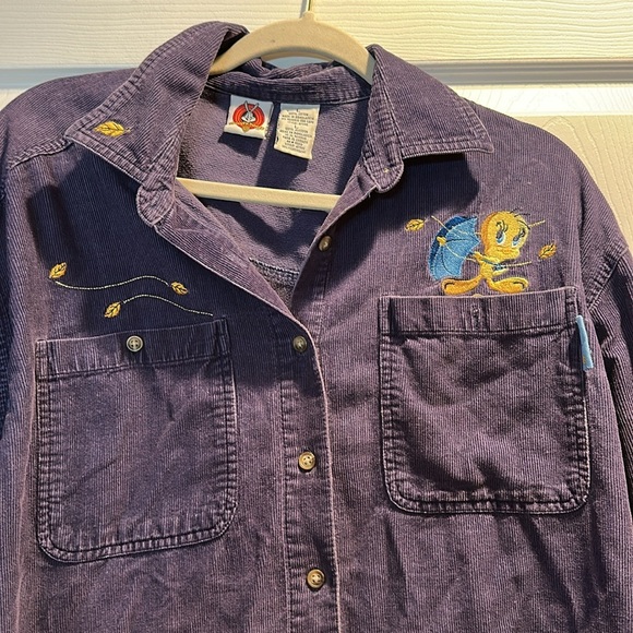 Vintage Looney Tunes Tweety Bird Navy Corduroy Shirt Shacket L Jacket Flannel - Picture 3 of 7